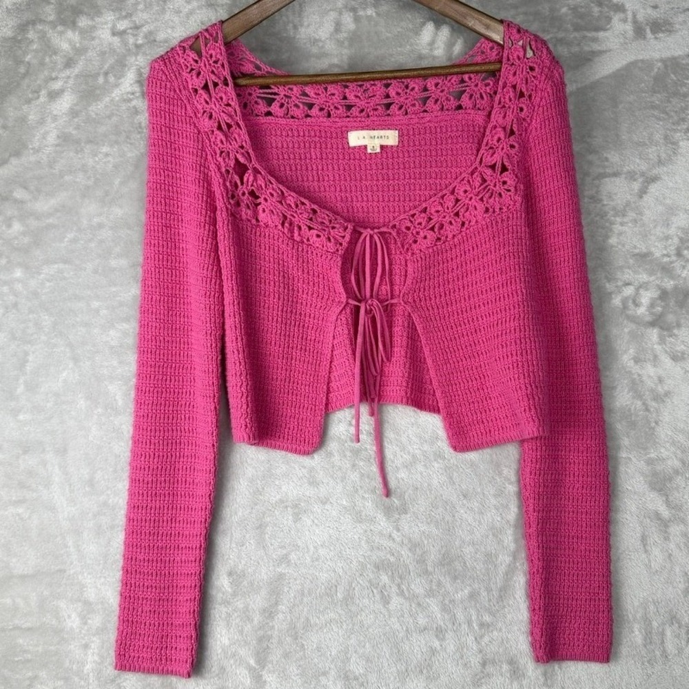 Wimsigoth Pink Crochet Square Neck Long Sleeve Sweater Top Women's Small